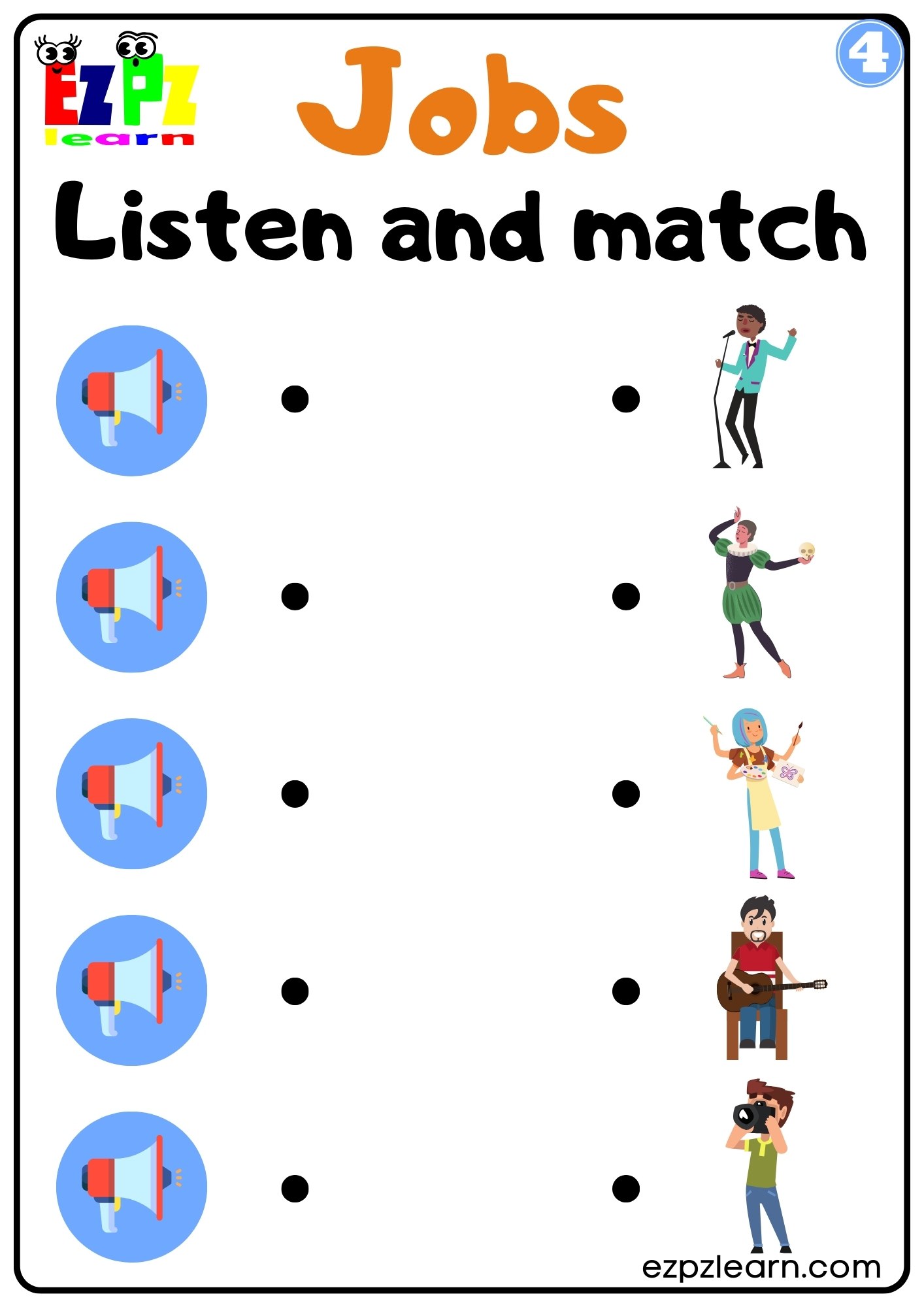 Jobs Vocabulary Interactive Worksheet Listen and Match the Correct Images Activity for Kids, K5 and ESL Students G4